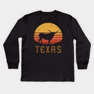 Texas Longhorn Cattle Retro Sunset Kids Long Sleeve T-Shirt